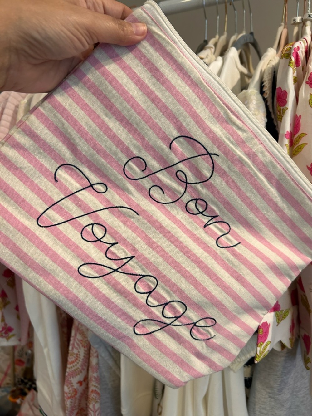 Striped Pink & White 'Bon Voyage' Embroidered cosmetic bag